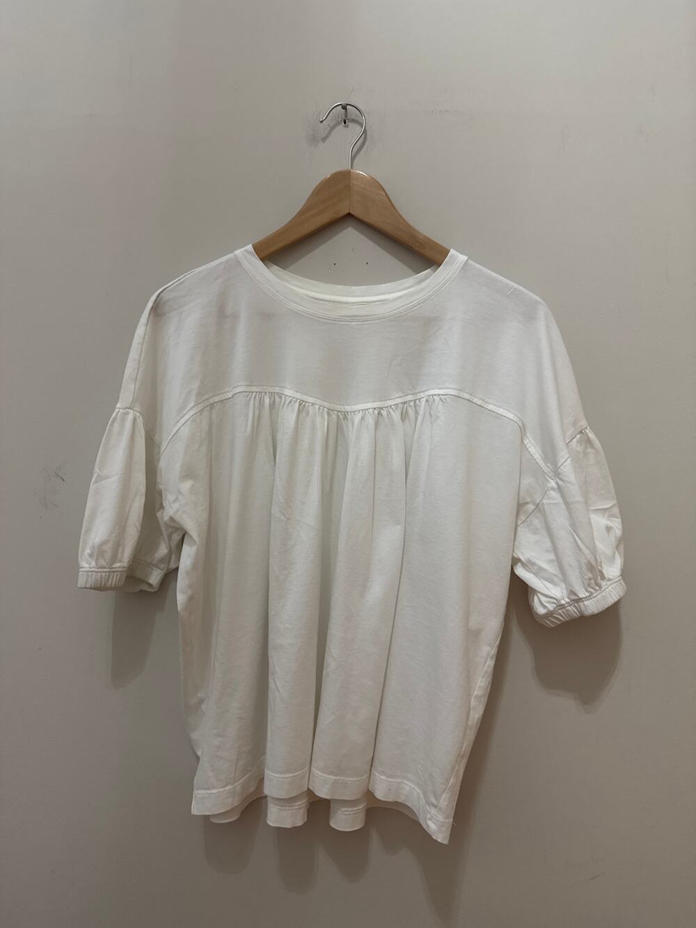 Summersalt The Luxe Pima Brezzy White Tee with Shirring and Puff Sleeves Size L